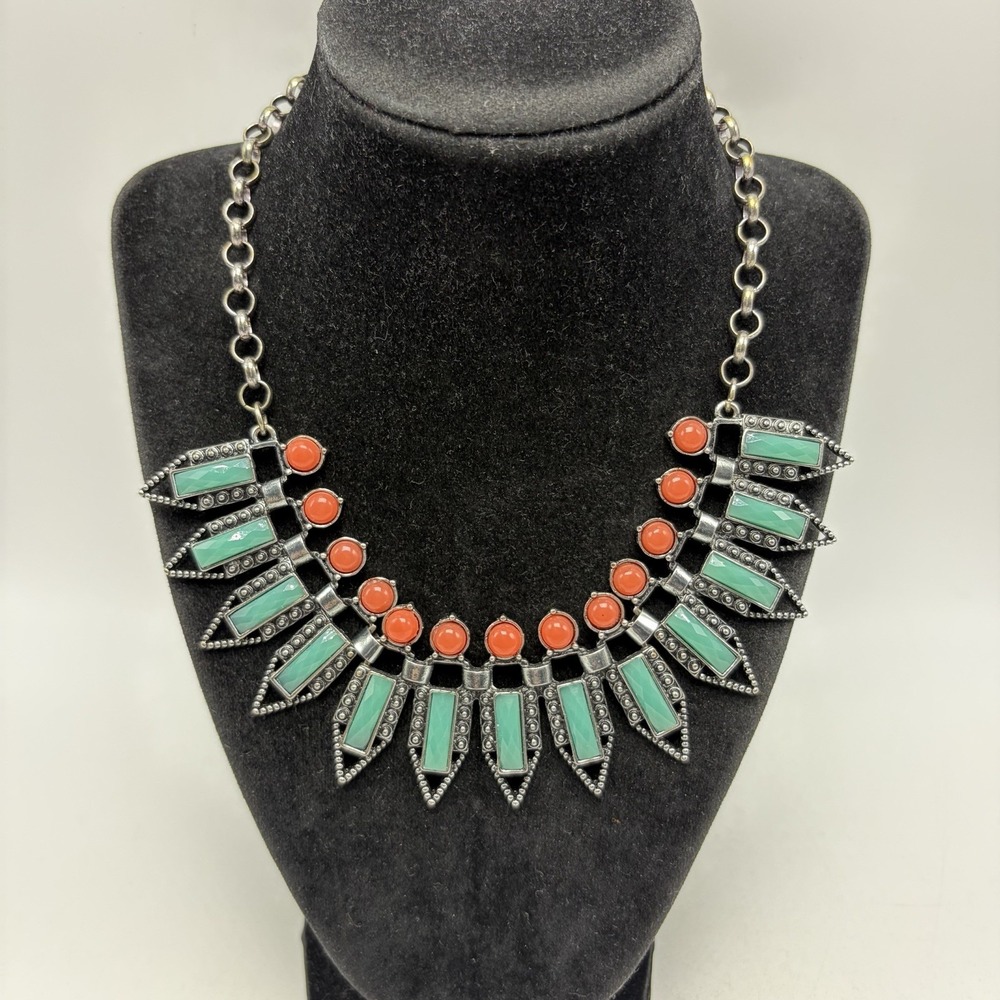 Bib Necklace Silver Tone Faux Turquoise Boho Tribal Style Statement Jewelry